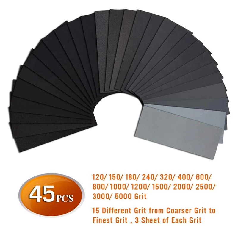 45PCS Наждачная бумага 9 х 3,6 дюйма влажно-сухая водонепроницаемая наждачная бумага 120-5000 различной зернистости для обработки металла.