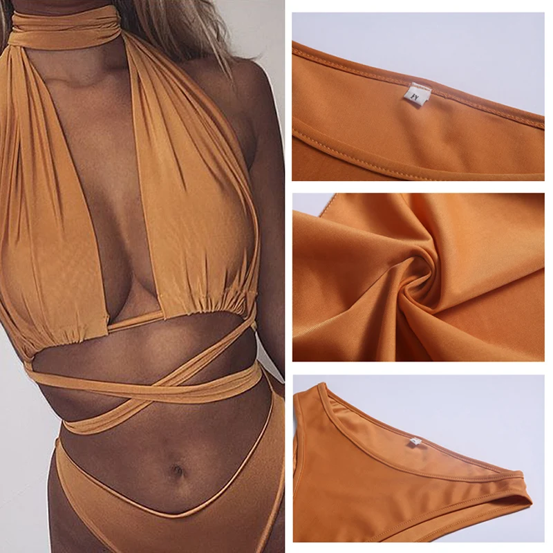 

New Two-piece Swimsuit With Halter Neck Polyester Material Solid Color Many Sizes Split Swimsuit Multiple Colors To Choose From
