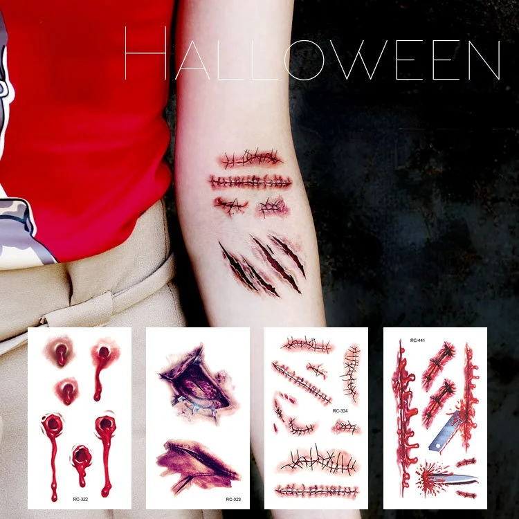 

Waterproof Temporary Tattoos Fashion Halloween Scary Wounds Realistic Bloodstained Scar Pattern Fake Tattoos Stickers Body Art