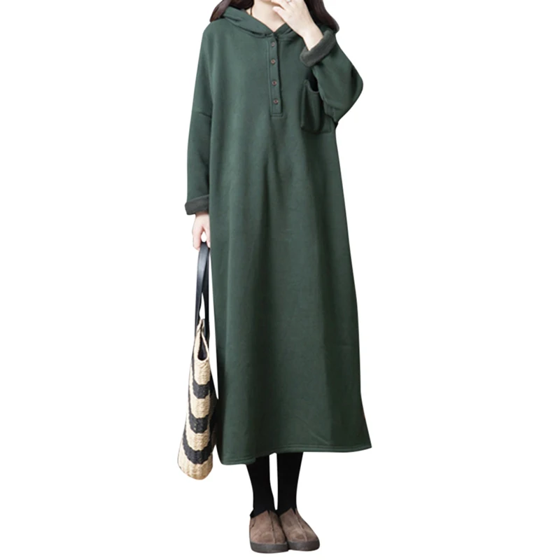 Модное женское платье с капюшоном винтажное однотонное повседневное свободное