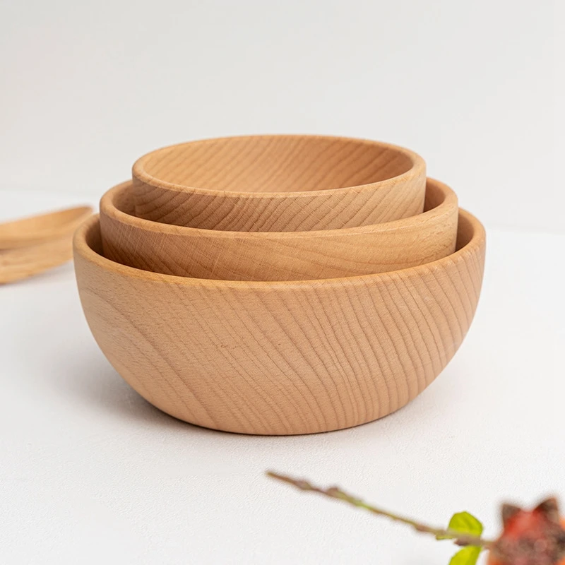 

Beech Wood Round Rice Bowl Wooden Salad Bowl Household Children's Bowls Small Wooden Plate Custom