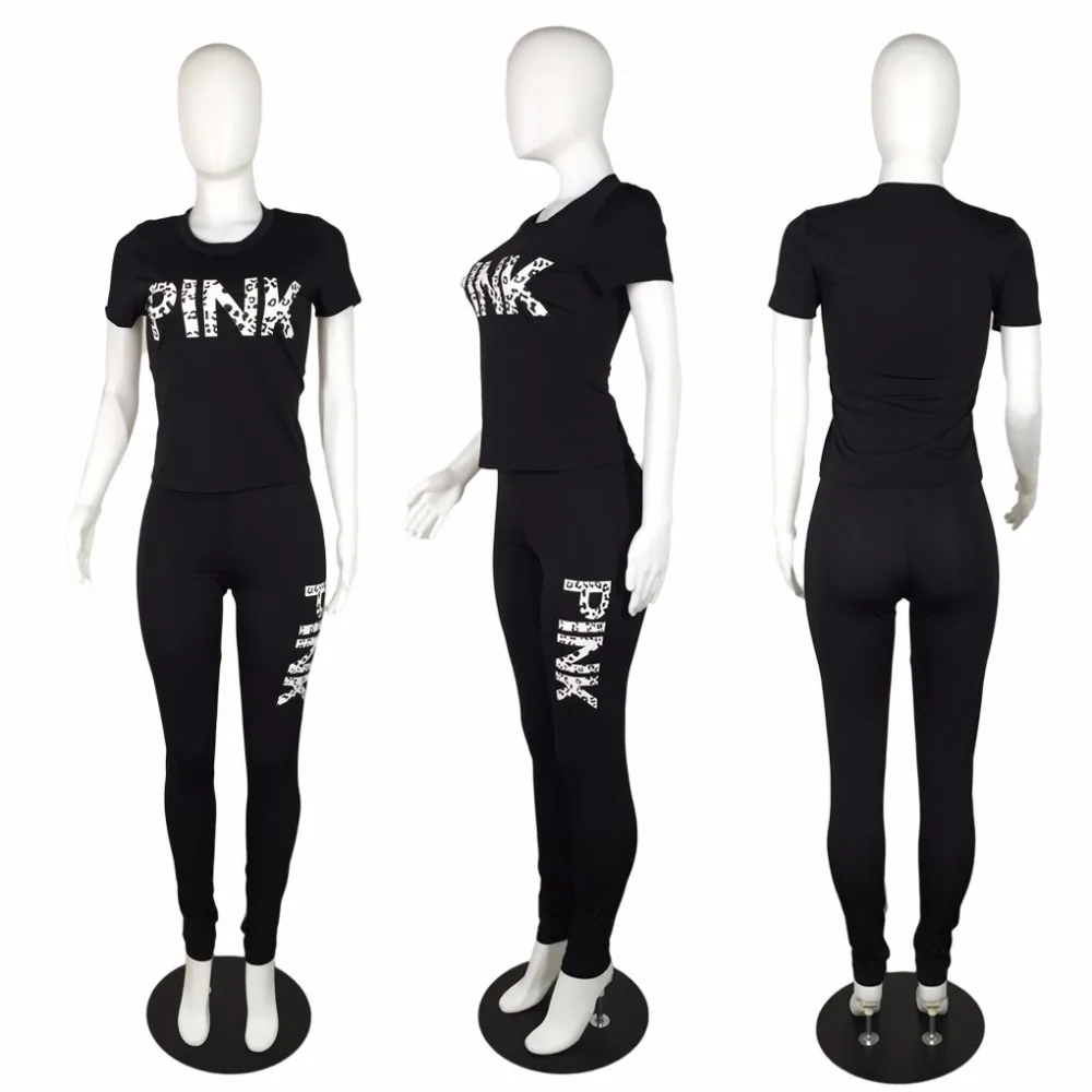 Women Letter Print Two Piece Set 2 Pink Outfits 2020 T-shirt Tops+Bodycon Long Pants Joggers Casual Sportswear Tracksuit |