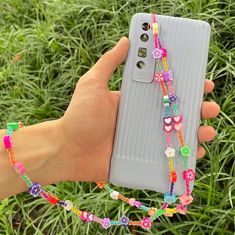 

Boho Style Long Phone Chain Colorful Bead Chain Beach Soft Pottery Acrylic Fllowers Tassel Pendant Women Unisex Fashion Jewelry