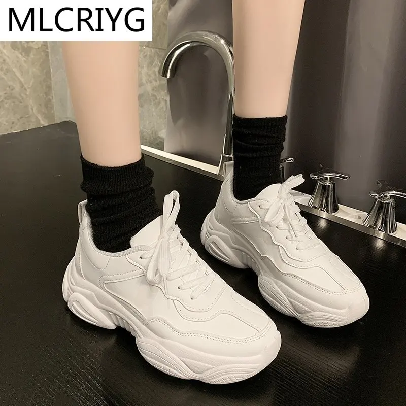 

New Fashion Women Vulcanized Shoes Comfy Breathable Pu Leather Trainers Chunky Heels Women Platform Sneakers Women Casual Shoes