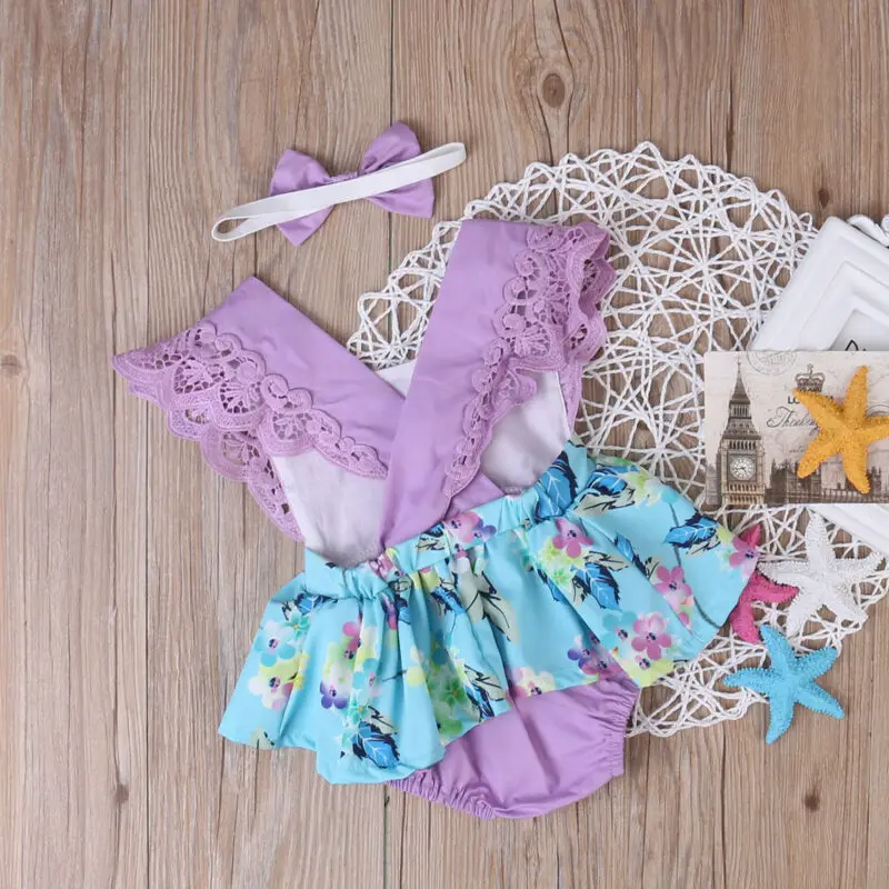 

Pudcoco Summer Princess Floral Romper Dress Baby Girl Clothes Lace Sleeve + Headband 2Pcs Outfits Sunsuit Baby Sundress 0-24M