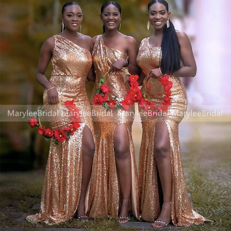 

One Shoulder Bridesmaid Dresses Gold Sequins Mermaid African Wedding Party Gowns High Slit Maid Of Honor Bride Dresses Long