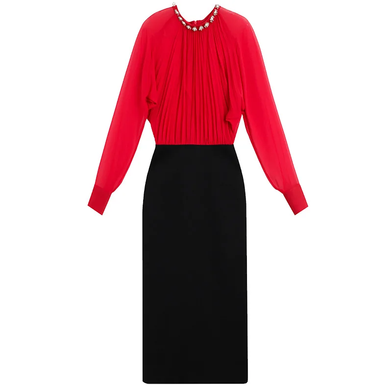 

Red Dress 2021 New Spring Rhinestone Pearl Waist Slimming Formal Occasion Annual Meeting Dress Black Skirt