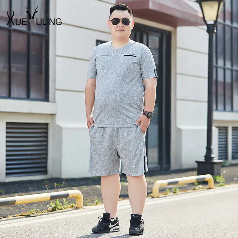 

Fat man short sleeve suit men's large size summer thin style fatter and fatter loose elastic T-shirt shorts two pack