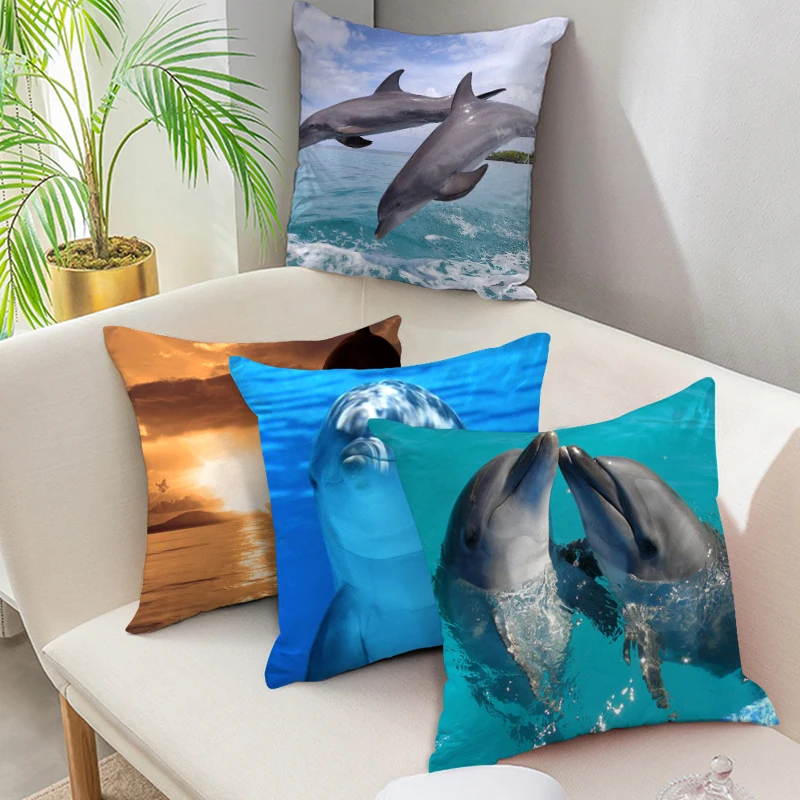 

Fuwatacchi Cute Dolphin Cushion Covers For Sofa Home Chair Decorative Sea Fish Pillow Cover New 2019 Square Pillowcase