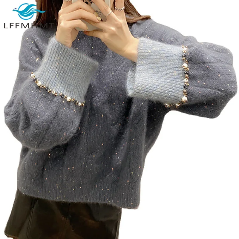 

Women Winter Fall Fashionable Solid Color Beading Sleeve Sweater Office Lady Casual Loose Original Design Elegant Sweet Pullover