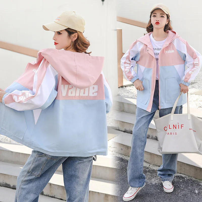 

XUXI Spring Autumn 2021 Women Coat Loose Thin Fashion Long Sleeve Streetwear Patchwork Hooded Jacket Coats FZ3512