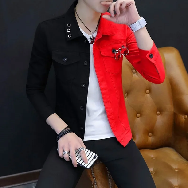 Spring Autumn Personality Mixed Colors Male Denim Jackets Fashion Long Sleeve Punk Style Night Show Wear Slim Casual Mens Coats | Мужская