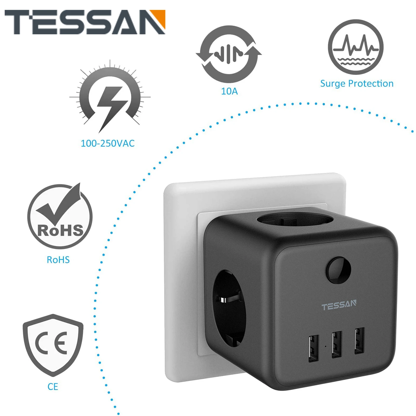 

TESSAN EU Plug Power Strip with Switch On/Off 3 AC Outlets 3 USB Charging Ports 5V 2.4A Portable Multi Socket Power Adapter