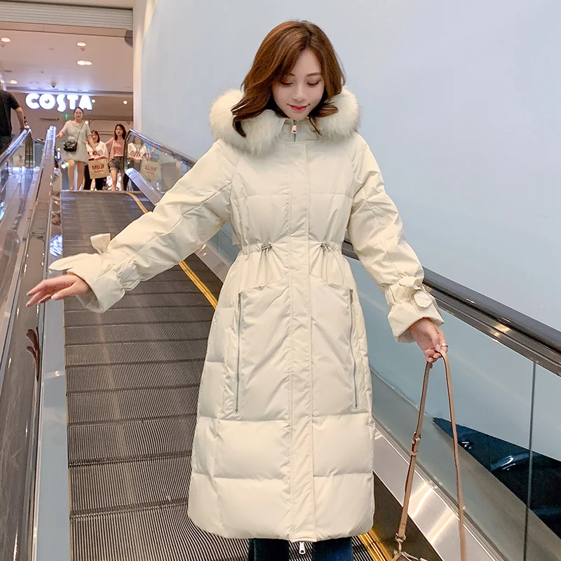 Женский длинный пуховик с капюшоном зимняя теплая парка на белом утином пуху