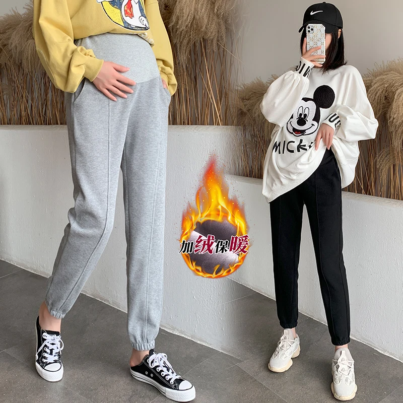 

1913# Winter Fashion Thicken Warm Plus Velvet Maternity Pants Sports Casual belly Pants Clothes for Pregnant Women Pregnancy Ins