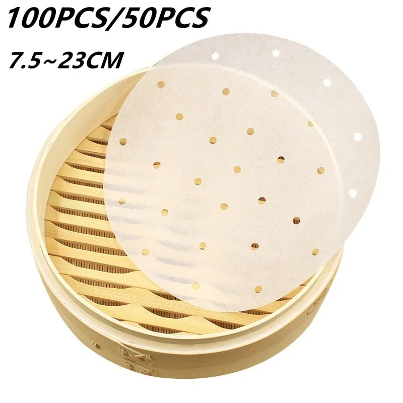 

100/50 Pcs Air Fryer Steamer Liners Premium Perforated Wood Pulp Papers Non-Stick Steaming Basket Mat Baking Cooking Tools