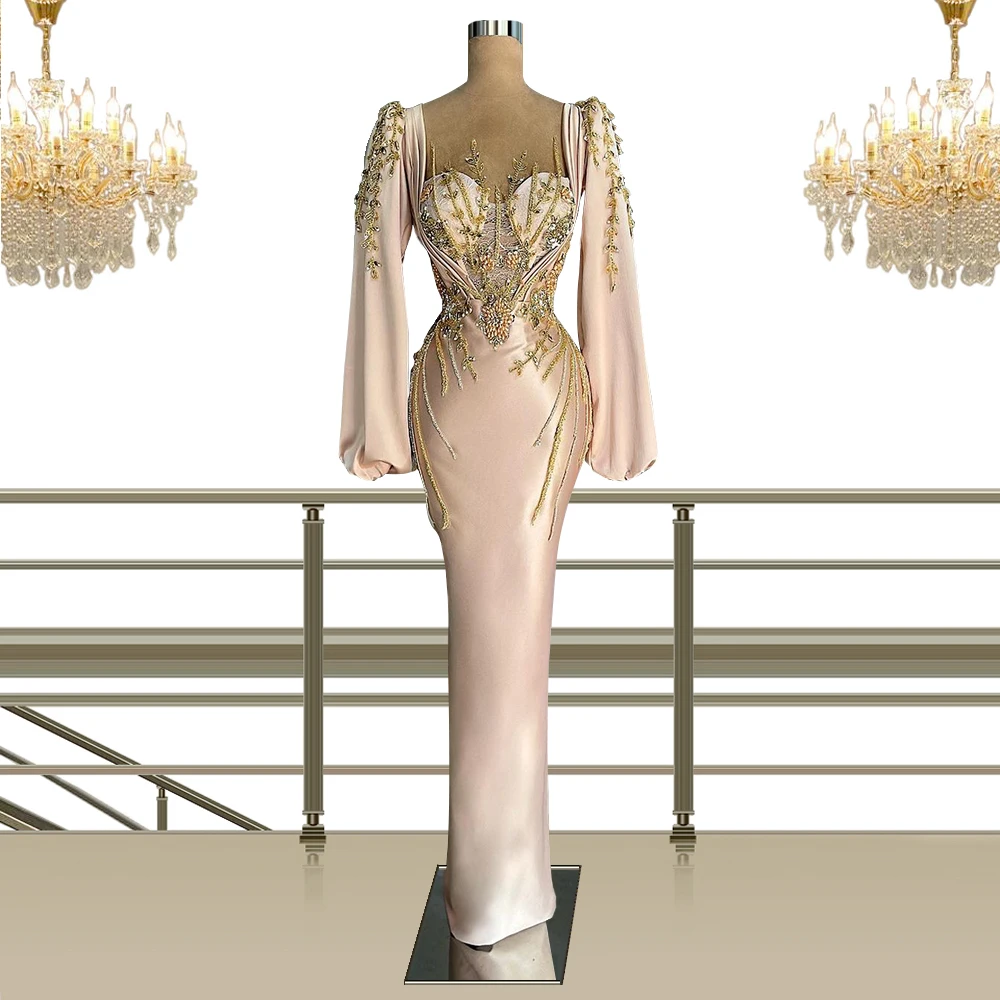 

2021 Appliques Full Sleeves Long Women Dress Formal Evening Gowns Vestidos Formales Fashion Design Prom Party Dresses
