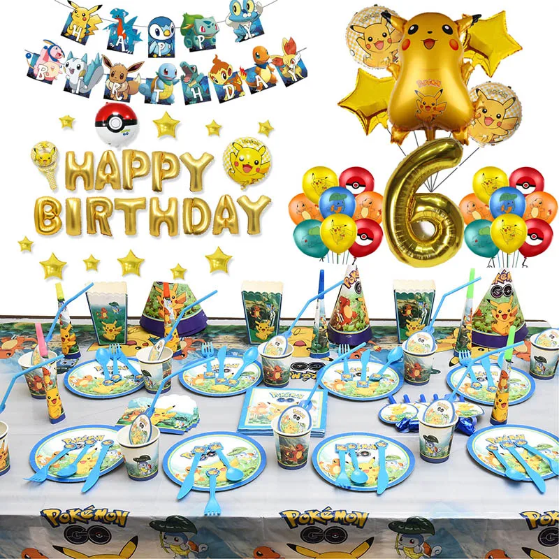 

Pokemon Cartoon Pikachu Balloon Children's Birthday Party Decoration Disposable Tableware Set Pikachu Party Birthday Supplies