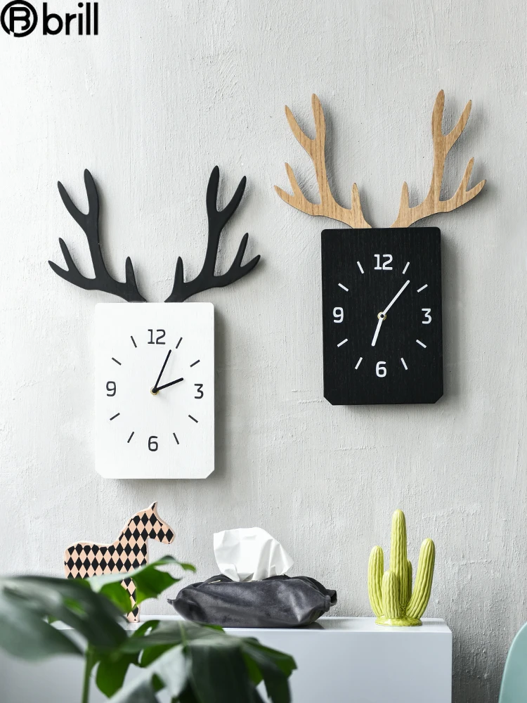 

Nordic Wooden Deer Wall Clock Living Room Silent Wall Clock Modern Design Antler Square Table Clocks Wall Home Decor Reloj Pared