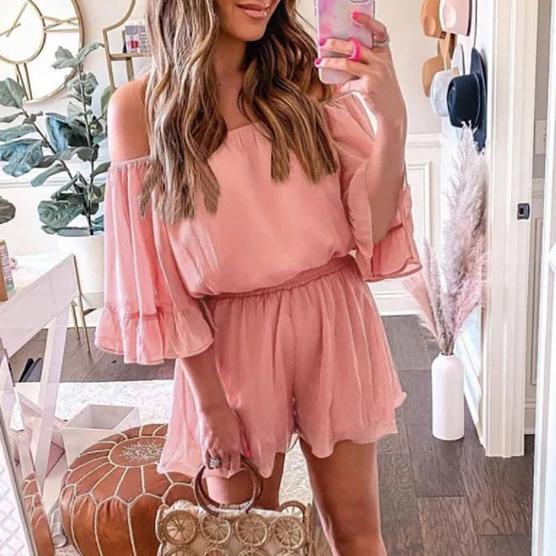 

Summer Casual Flare Sleeve Chiffon Short Jumpsuits Women Elegant Off Shoulder Loose Plasysuit Ladies Ruffle Design Beach Romper