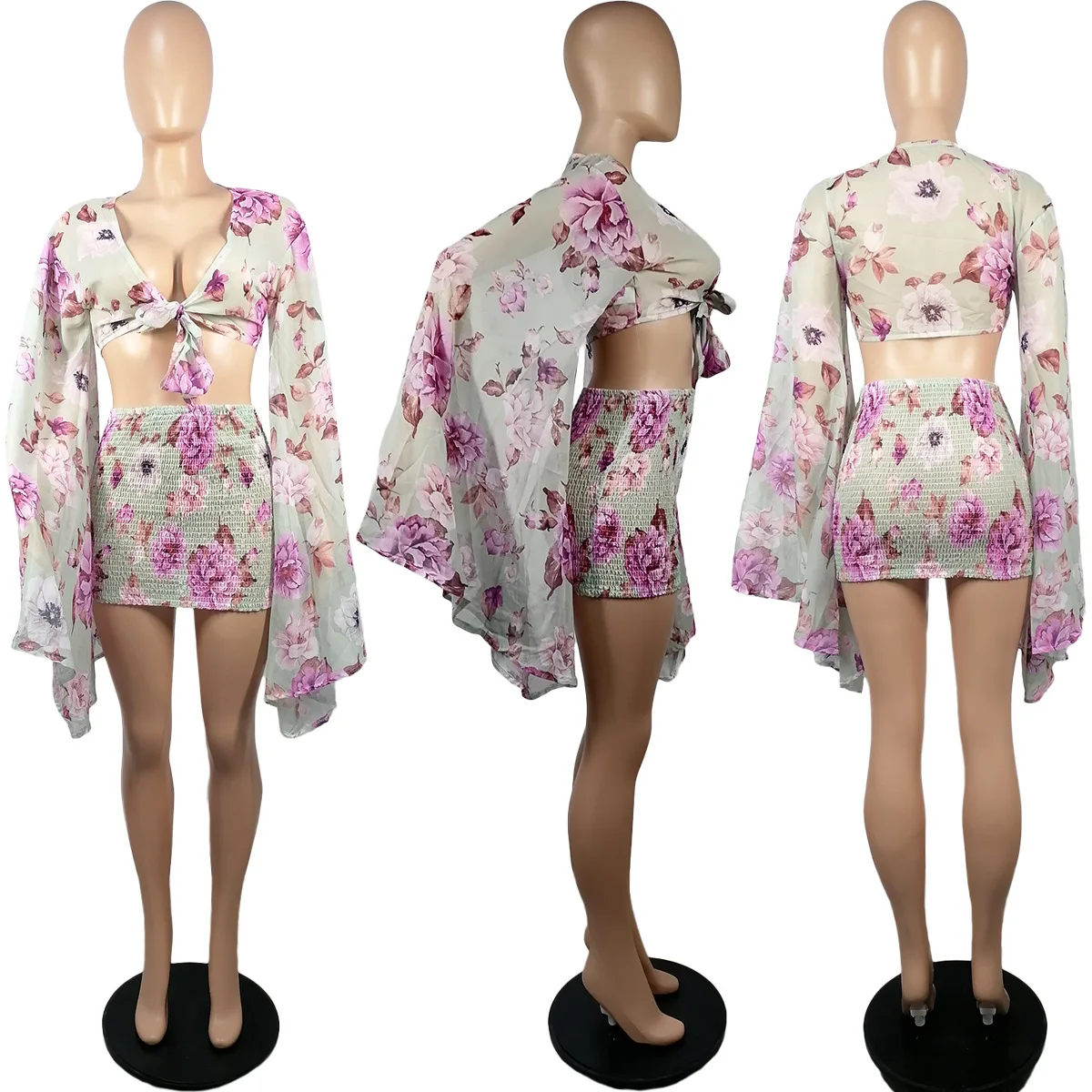 

2021 Women Fashion Mini Skirts V-Neck Batwing Sleeves Print Vest Tops + Slim Skirt Bodycon Two Pieces Night Club Party Sets