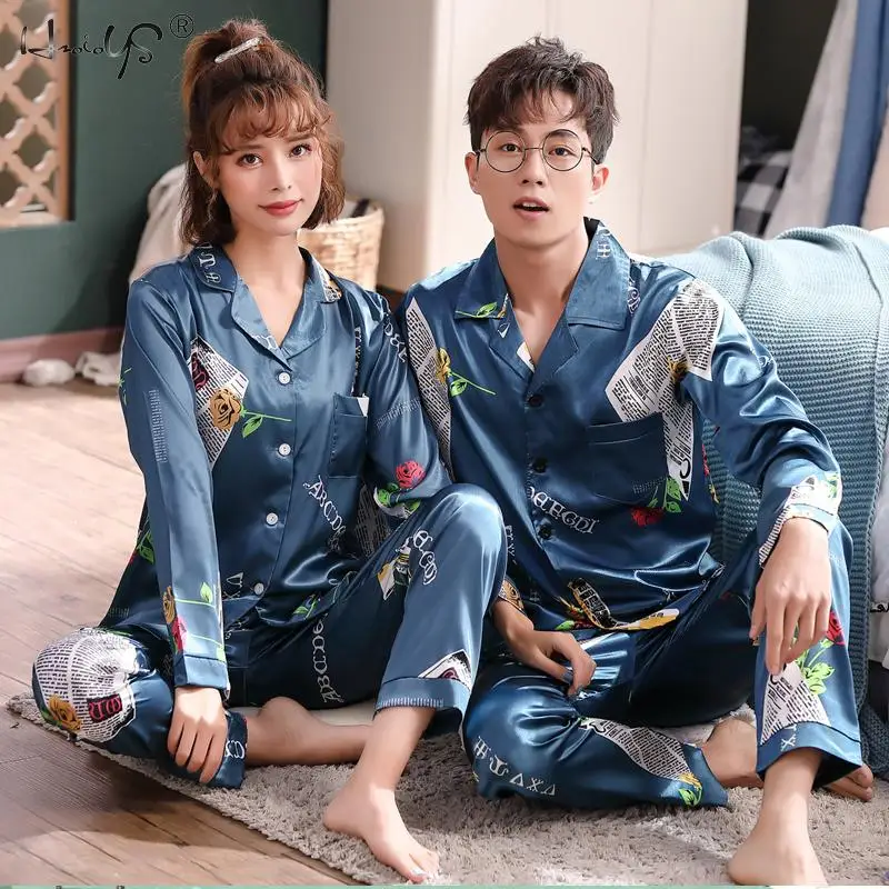 Парные шелковые атласные пижамы пижамный комплект с длинным рукавом одежда для