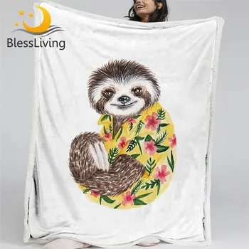 BlessLiving Sloth Throw Blanket Floral Flower Soft Blanket for Kid Yellow Brown Sherpa Fleece Blanket Cartoon Animal Cobertor 1
