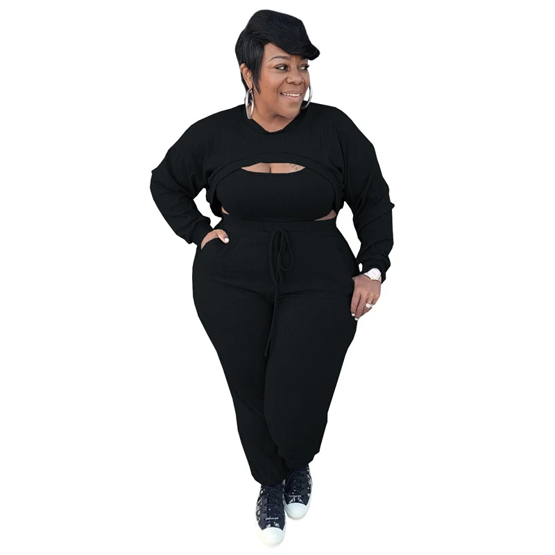 

Fashion Three Piece Sets Women Plus Size Clothes Full Sleeve Pullover Crop Top Vest Long Pants Suit Solid Ribbed 3 Piece Outfits