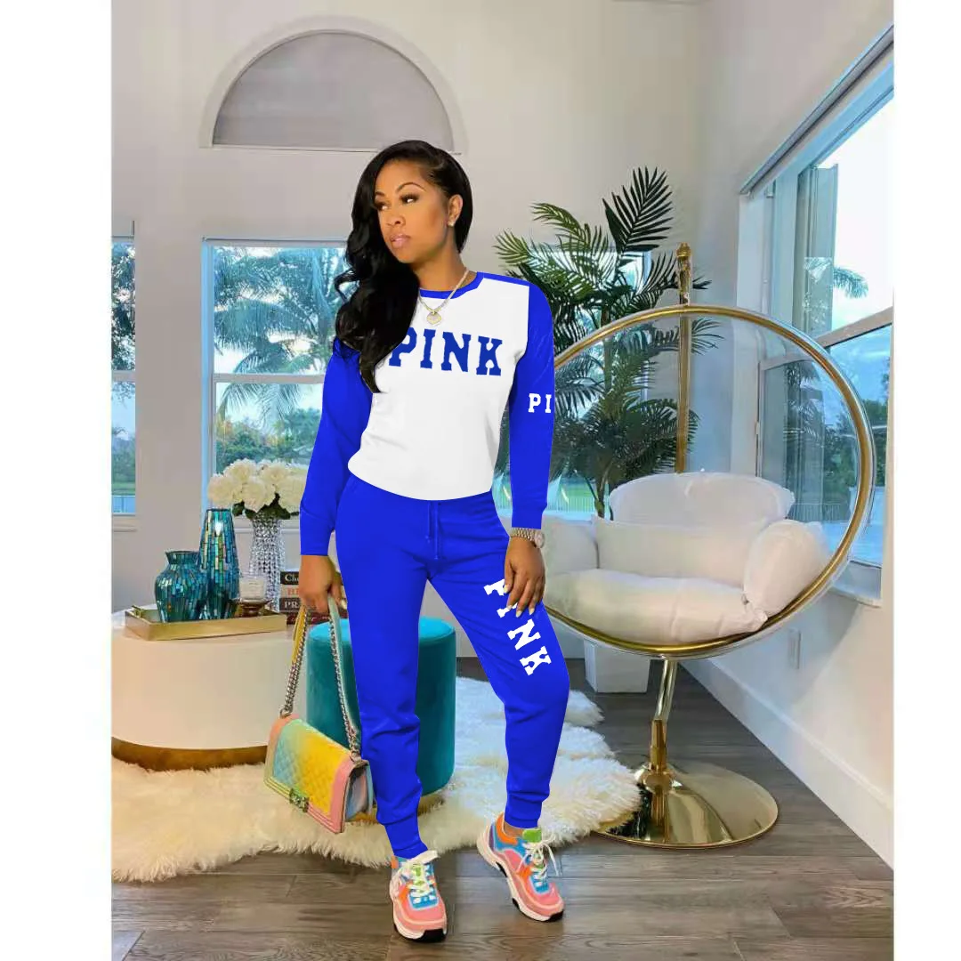 

Autumn Winter Women Set Pink Letter Print Long Sleeve Tracksuit Long Pants Suit Casual Two Piece Set Outfit Street Sweatsuit