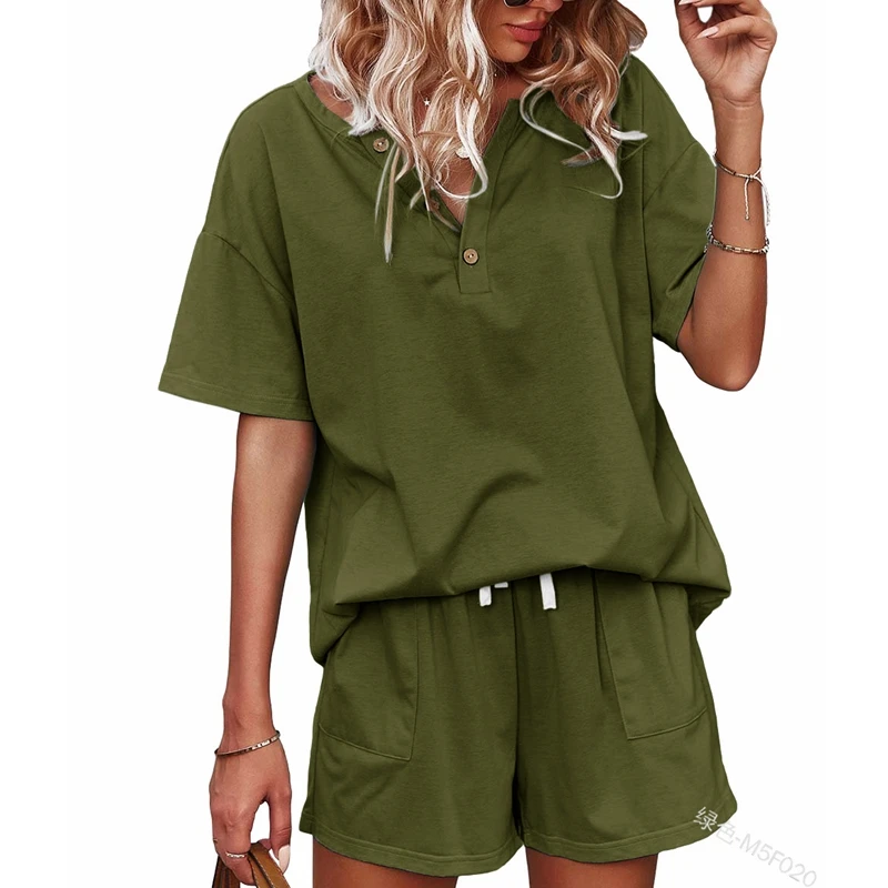 

WEPBEL Women's Solid Color Loose Suit Summer Short Sleeve Button V-neck T-shirt + Lace Up High Waist Straight Shorts Suit
