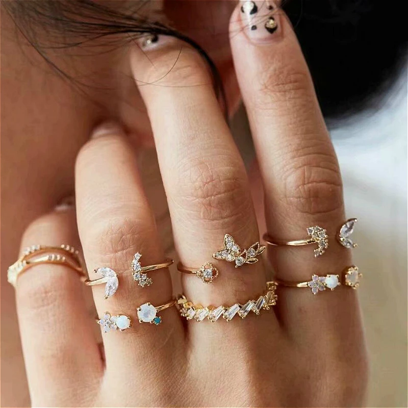 

Women Ring Set 2021 Trend Gold Color Opening Crystal Butterfly Star Decorations For Girls Wedding Rings Jewelry