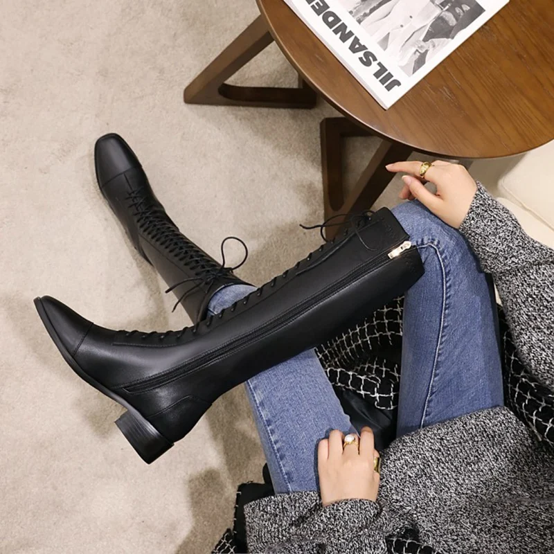 

TAOFFEN Plus Size 34-48 Women Knee Boots Cross Strap Warm Fur Winter Shoes Woman Fashion Zipper Long Boot Office Lady Footwear