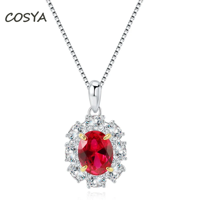 

COSYA Real 925 Sterling Silver Oval Artificial Ruby inlaid High Carbon Diamond Temperament Female Wedding Necklace Fine Jewelry
