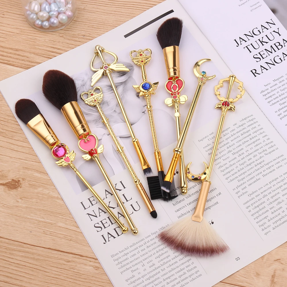 gold 8pcs Хит, Сейлор Мун, косметическая кисть, набор кистей для макияжа, 8 шт., набор инструментов, подводка для глаз, шейдер, основа, пудра, натуральные синтетические розовые волосы - Handle Color: gold 8pcs