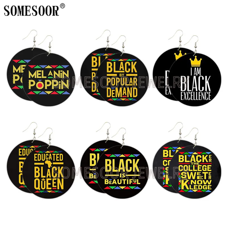 SOMESOOR черные высказки меланин поппин напечатанные деревянные висячие серьги