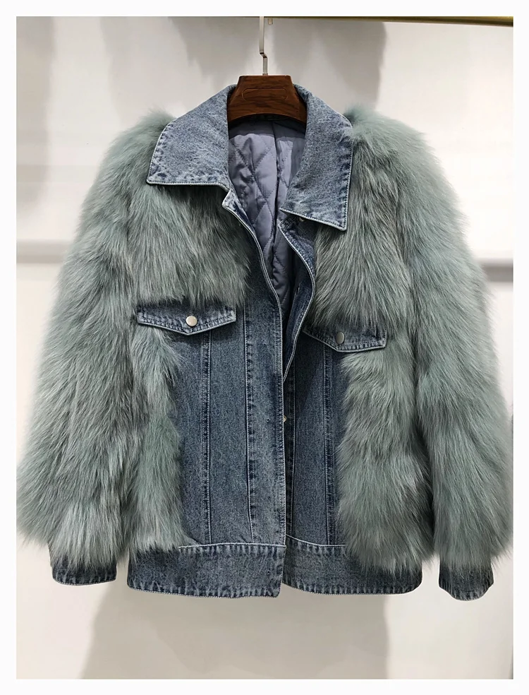

Fashion Real Fox Fur Coats with Stitching Denim Natural Fox Fur Jacket Loose Outwear Coat Women 2020 Winter Warm Parkas Female