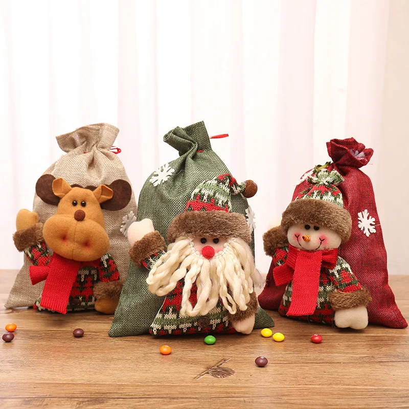 

Merry Christmas Gift Bags Xmas Tree Linen Packing Bag Santa Snowman Christmas Candy Box New Year 2022 Kids Favors Bag Noel Decor