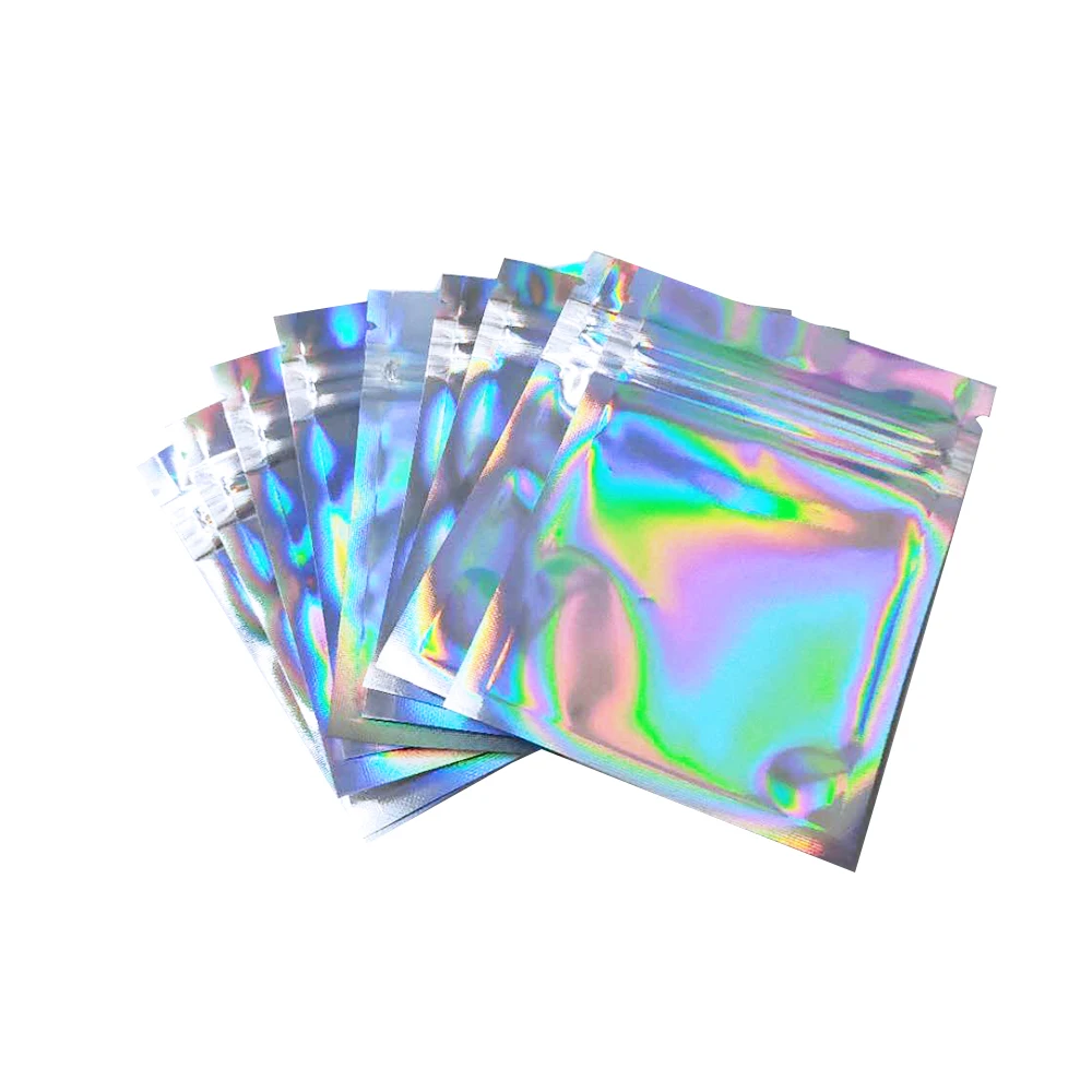 

100pcs Flat Zip Lock Bag Holographic Color Resealable Pouches Smell Proof Cosmetic Plastic Thick Package