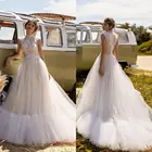 Новинка 2021, свадебные платья, кружевные свадебные платья с круглым вырезом, аппликацией из бисера, на заказ, на пуговицах, с открытой спиной, со шлейфом, свадебное платье трапециевидной формы