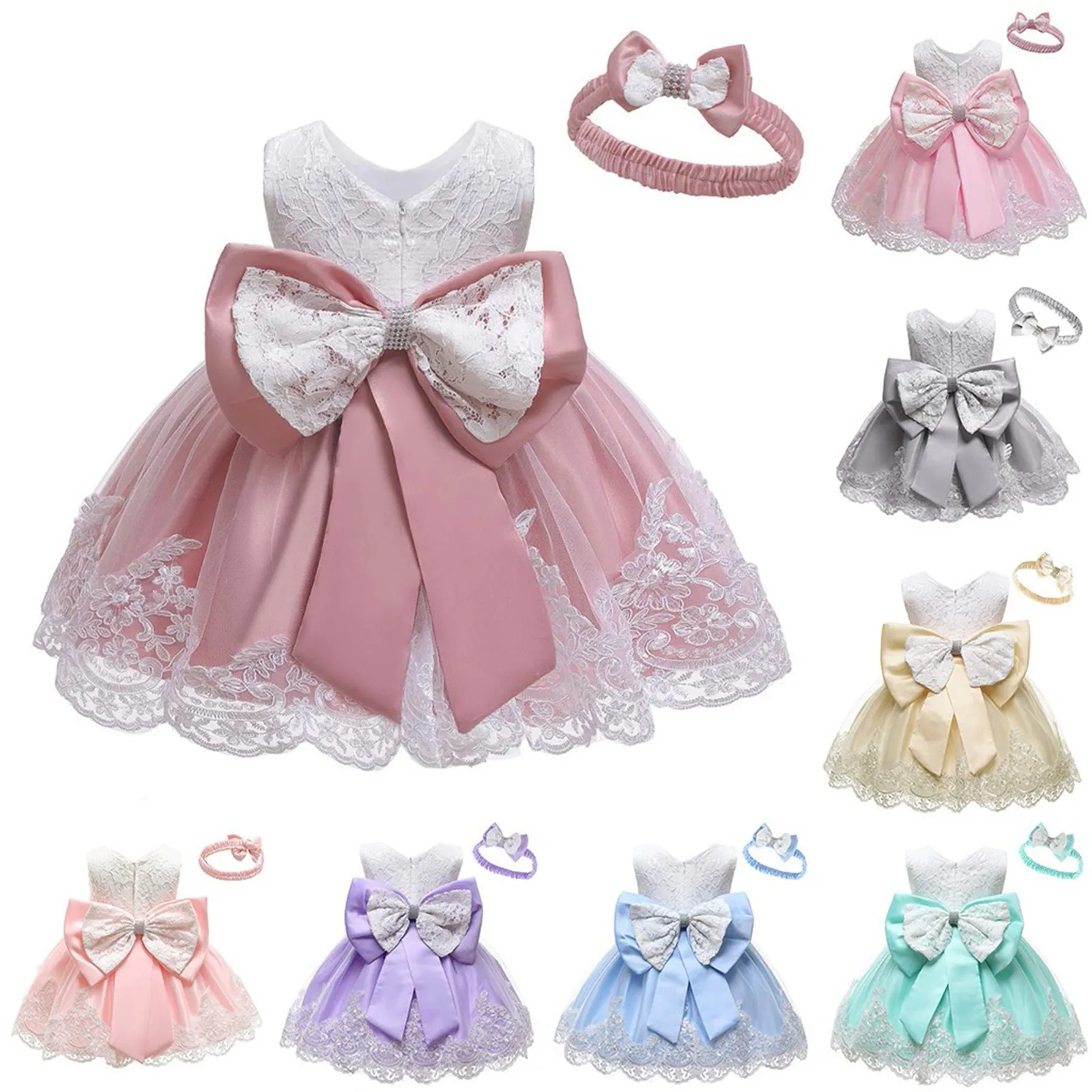 

Baby girl dress 2021 Baby Girls Lace Bowknot Princess Wedding Formal Tutu Dress+Headband Set Clothes плае для девоки vestidos