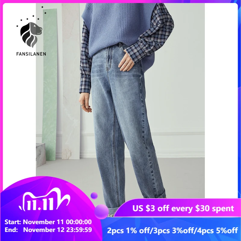 

FANSILANEN Fringe Tassels Casual Blue Straight Jeans Women Denim High Waist Boyfriends Jeans Oversize Female Vintage Pants 2020