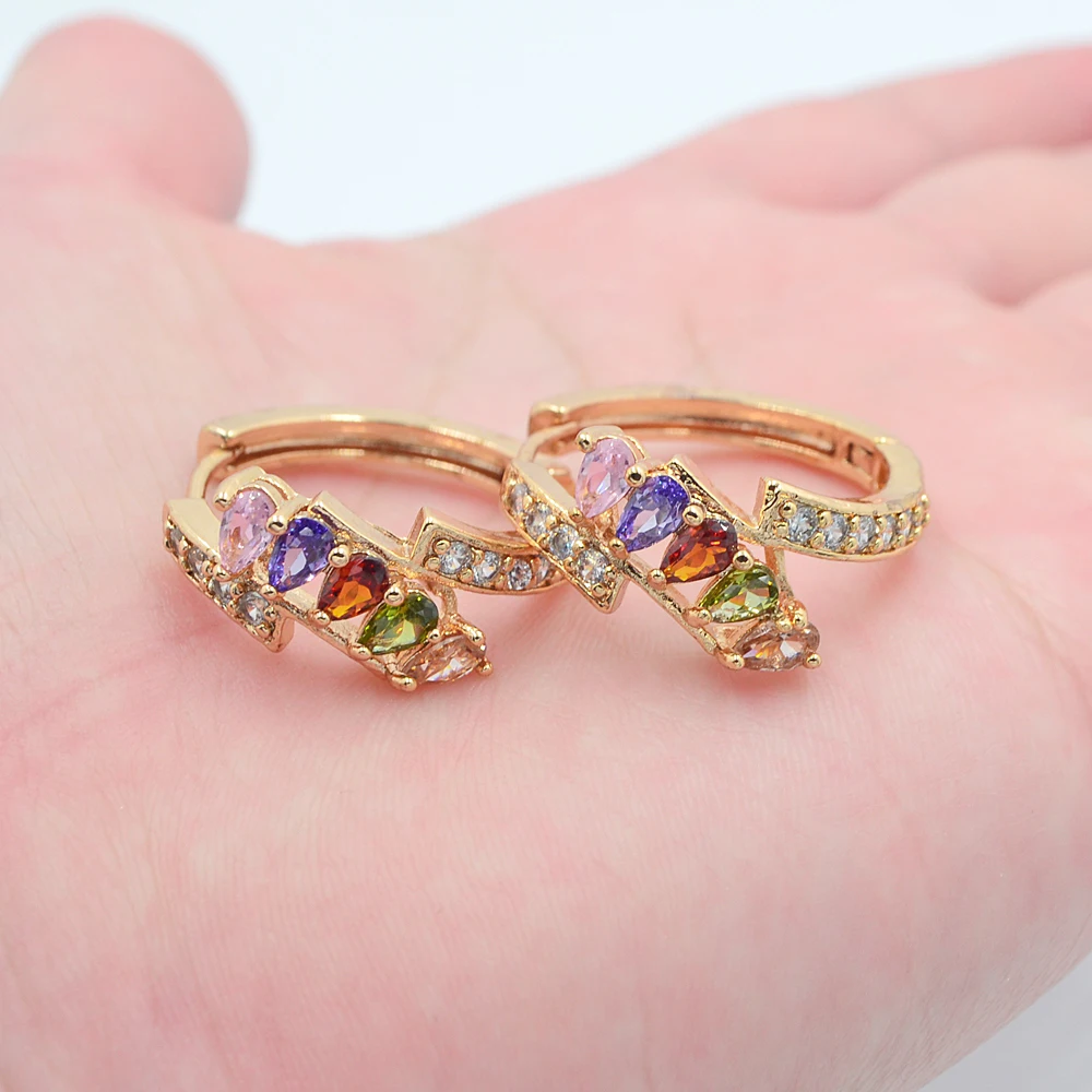 

Gold Color Women Fashion Colorful Cubic Zirconia CZ Flower Huggie Hoop Earrings Jewelry