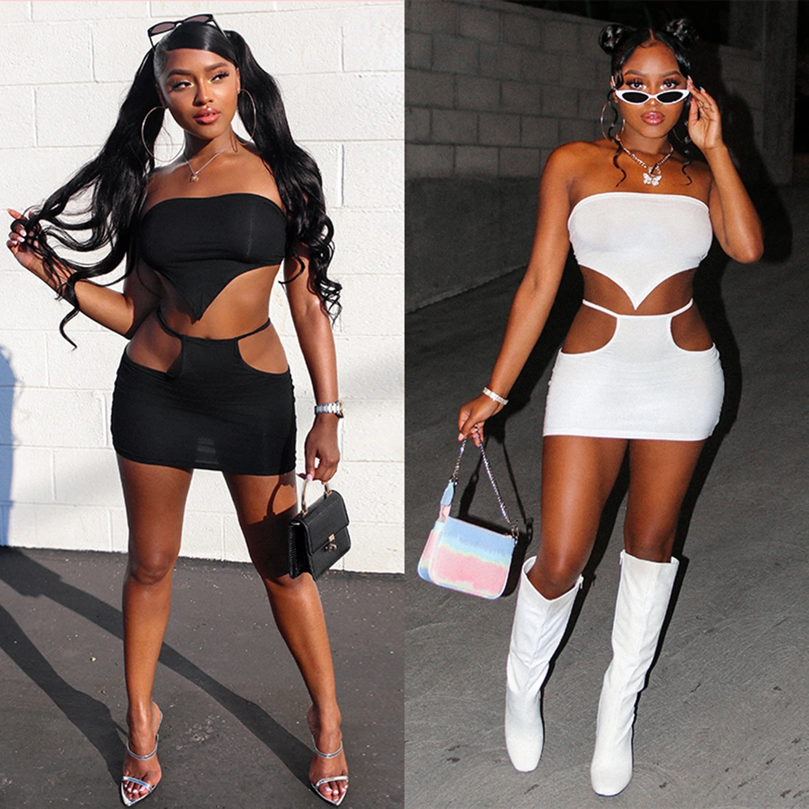 

Women Sexy Two-piece Clothes Solid Color Off-the-shoulder Sleeveless Irregular Crop Tops Side Hollow out Short Skirt Mini Dress