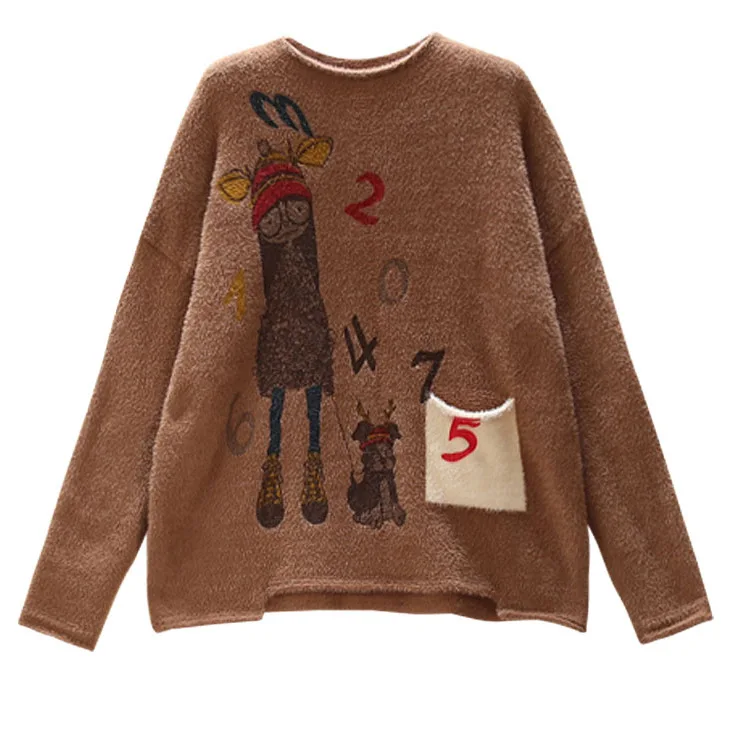 Women Sweater Autumn Retro Loose Knitting Casual Pullovers 2019 New Ladies Tops O-Neck Print Character All-match | Женская одежда