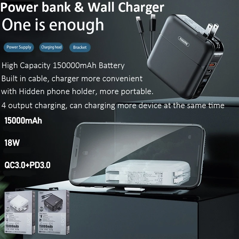 

15000mAh Power bank LED Display 18W PD QC 3.0 Powerbank External Battery Built in 2 Cable Charge for iPhone Xiaomi Fast Charger
