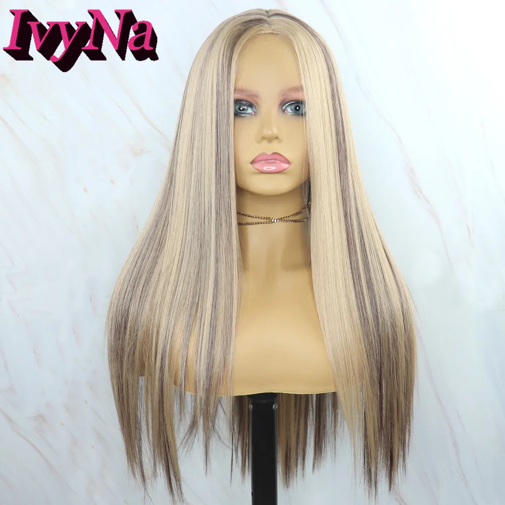 IvyNa D33/103 Blonde Ombre Synthetic Wigs Brown Highlight For Black Women Long Straight Silk Base Full Machine Made |