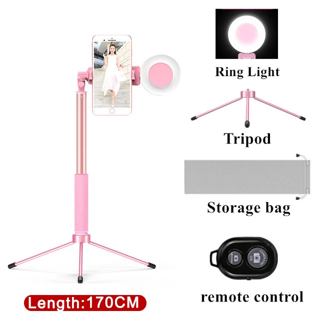 170cm Pink 4 в 1 селфи кольцо света выдвижное устройство Bluetooth селфи палка штатив с моноподом телефон крепление для смартфона прямая трансляция Селфи - Цвет: 170cm Pink