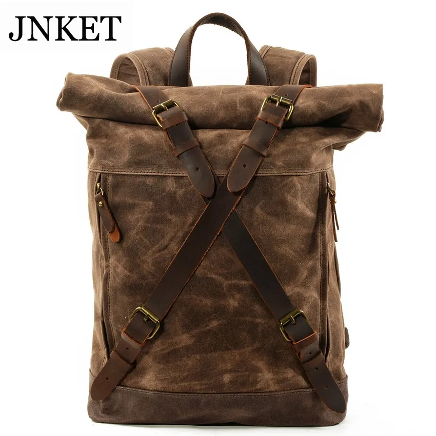 JNKET New Vintage Men Waterproof Backpacks Canvas Rucksacks Laptop Bagpack Large Capacity Mountaineering Travel Pack