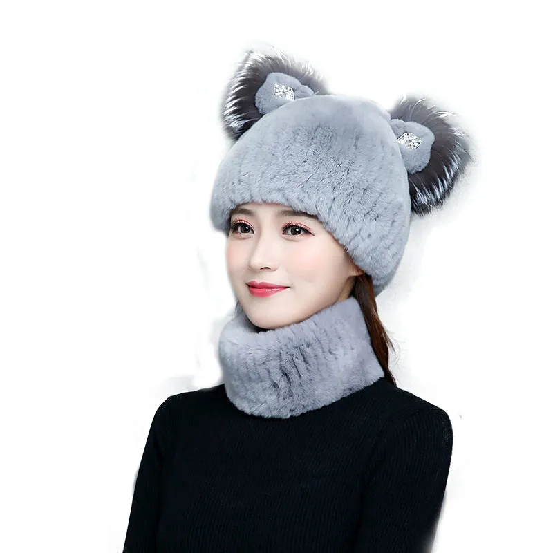 100% набор из шапки и шарфа кроличьего меха со стразами теплым шарфом женский новый