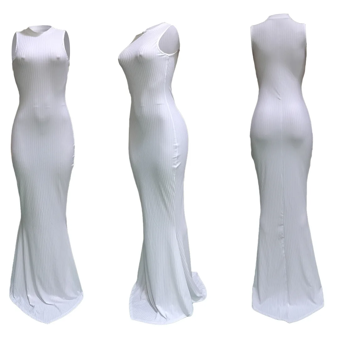 

White Maxi Dresses for Women Casual O-Neck Sleeveless Bodycon Mermaid Dress Woman Fashion Article Pit Knitted Black Long Dress